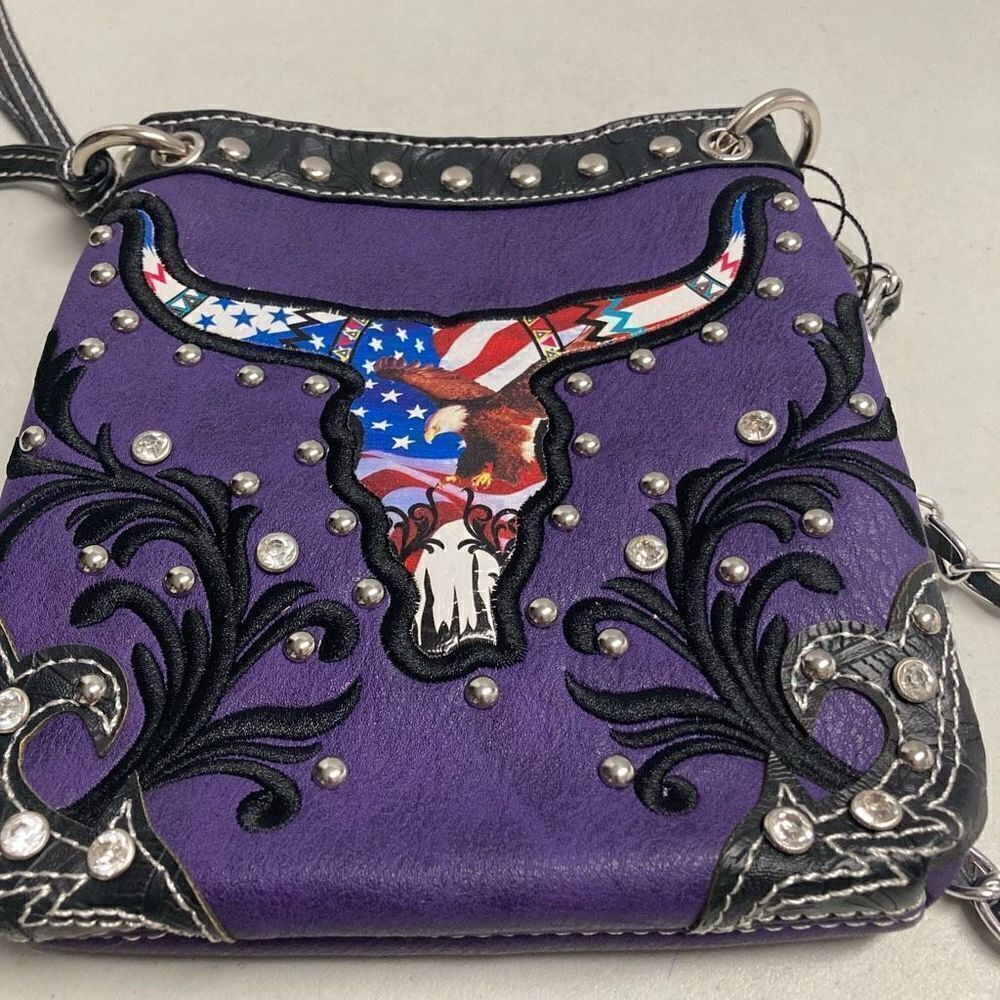 COWGIRL TRENDY Women’s Purple &‎ Black Longhorn Crossbody Size 7”X7”
